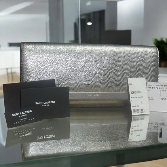 YSL Metallic Silver Flap Clutch - Picture 2 of 9